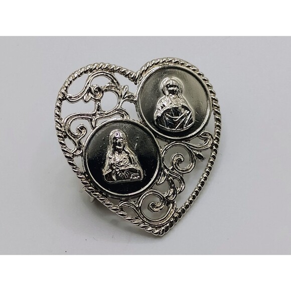 Blessed Virgin Mary & Jesus Heart Design Silver Tone Medal Pin Religious Brooch - Picture 1 of 4